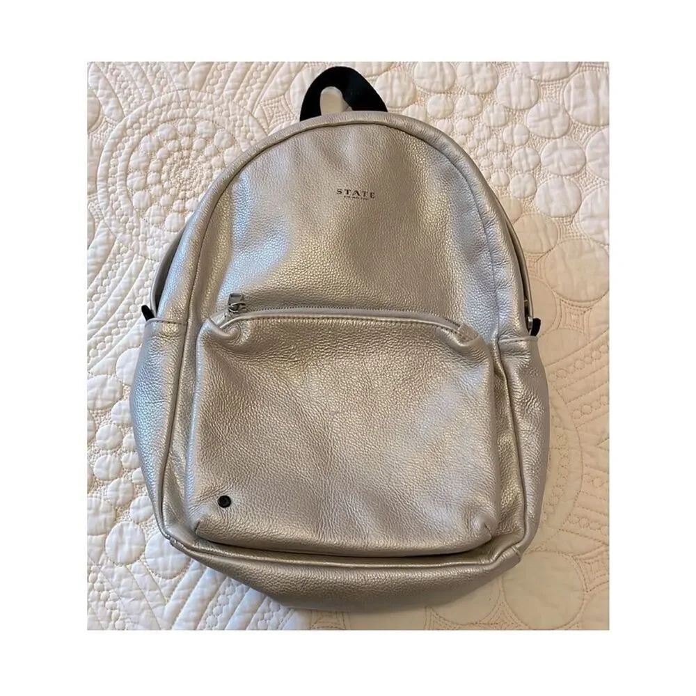 State Bags Kane mini silver metallic leather backpack